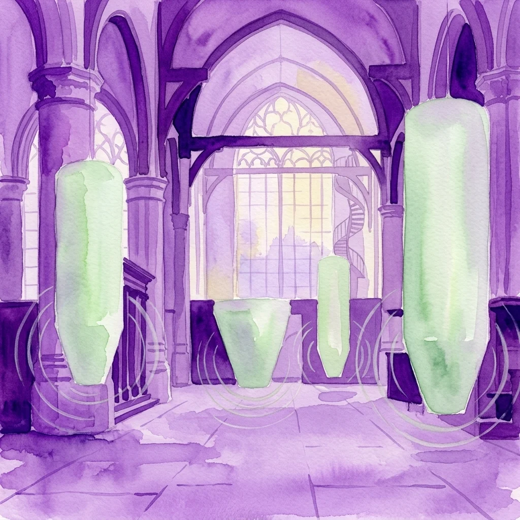 Een aquarel van de geluidsinstallatie 'The Fall' van Susan Philipsz in de Oude Kerk, Amsterdam, met groene luidsprekers die geluidsgolven uitzenden in het historische kerkinterieur.