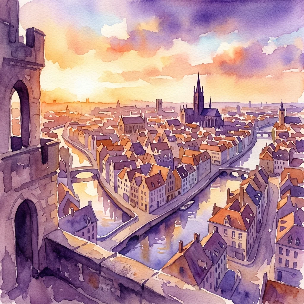 Vista en acuarela desde la torre de Oudekerkstoren que domina los históricos canales, tejados y el horizonte de Ámsterdam al atardecer.