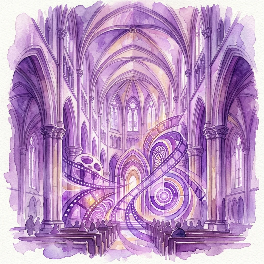 An abstract watercolor illustration of a historic church interior with purple and gold tones, featuring swirling film strips and a film reel, representing an audiovisual installation inspired by early film techniques.