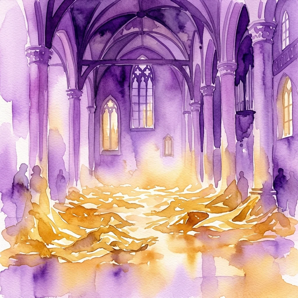 A watercolor depiction of a historic church interior with purple vaulted ceilings and golden light illuminating the floor, where figures are seen lying among golden blankets, evoking themes of migration and sanctuary.