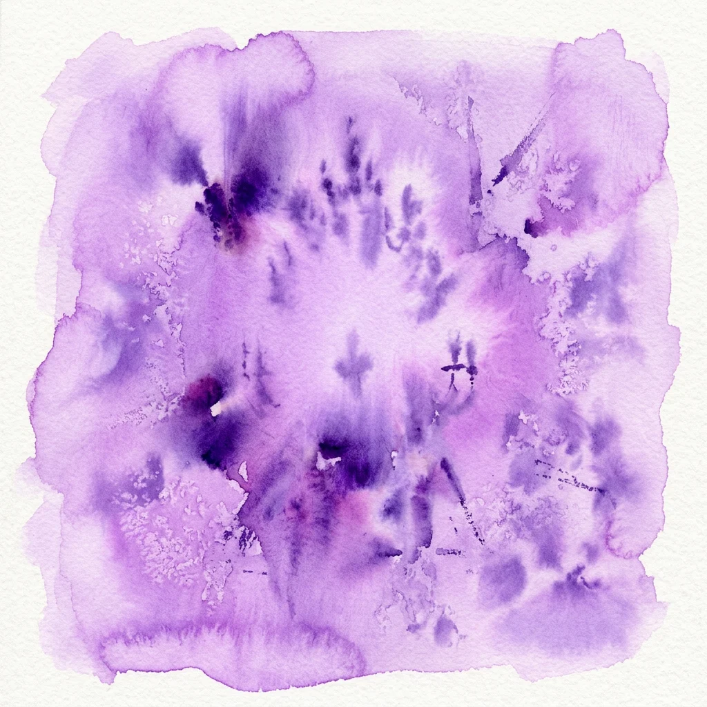 Obra de arte abstracta en acuarela en tonos de púrpura y lavanda sobre papel texturizado, con degradados suaves y acentos de tinta oscura.