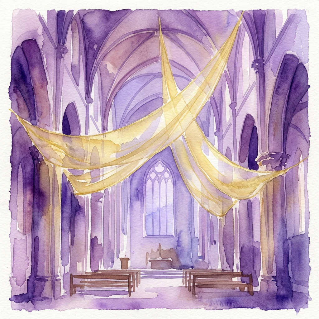 Een aquarel van een kerkinterieur met paarse gewelven en gouden stof gedrapeerd als zeilen, dat Sarah van Sonsbeeck's tentoonstelling in de Oude Kerk vertegenwoordigt, die thema's als migratie en toevlucht exploreert.