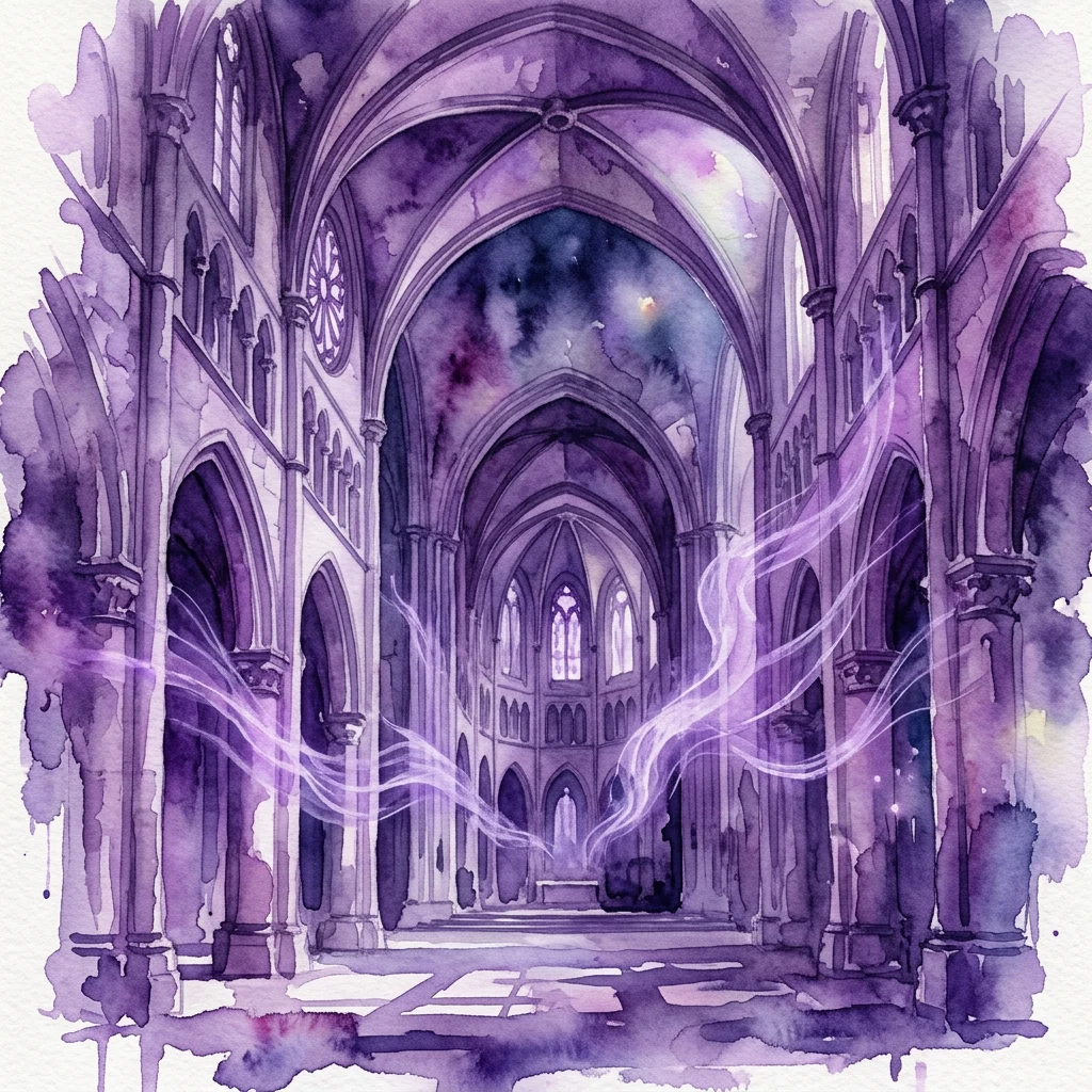 Een aquarelillustratie van een gotisch kerkinterieur met paarse tinten, met boogvormige plafonds, stenen zuilen en etherische lichtstralen, die de geluidsinstallatie 'The Fall' van Susan Philipsz in de Oude Kerk voorstellen.