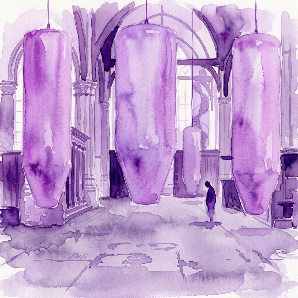 A watercolor illustration of Susan Philipsz's 2021 installation 'The Fall' in Oude Kerk, featuring large purple sound silos suspended in a historic church interior with a solitary figure observing the artwork.