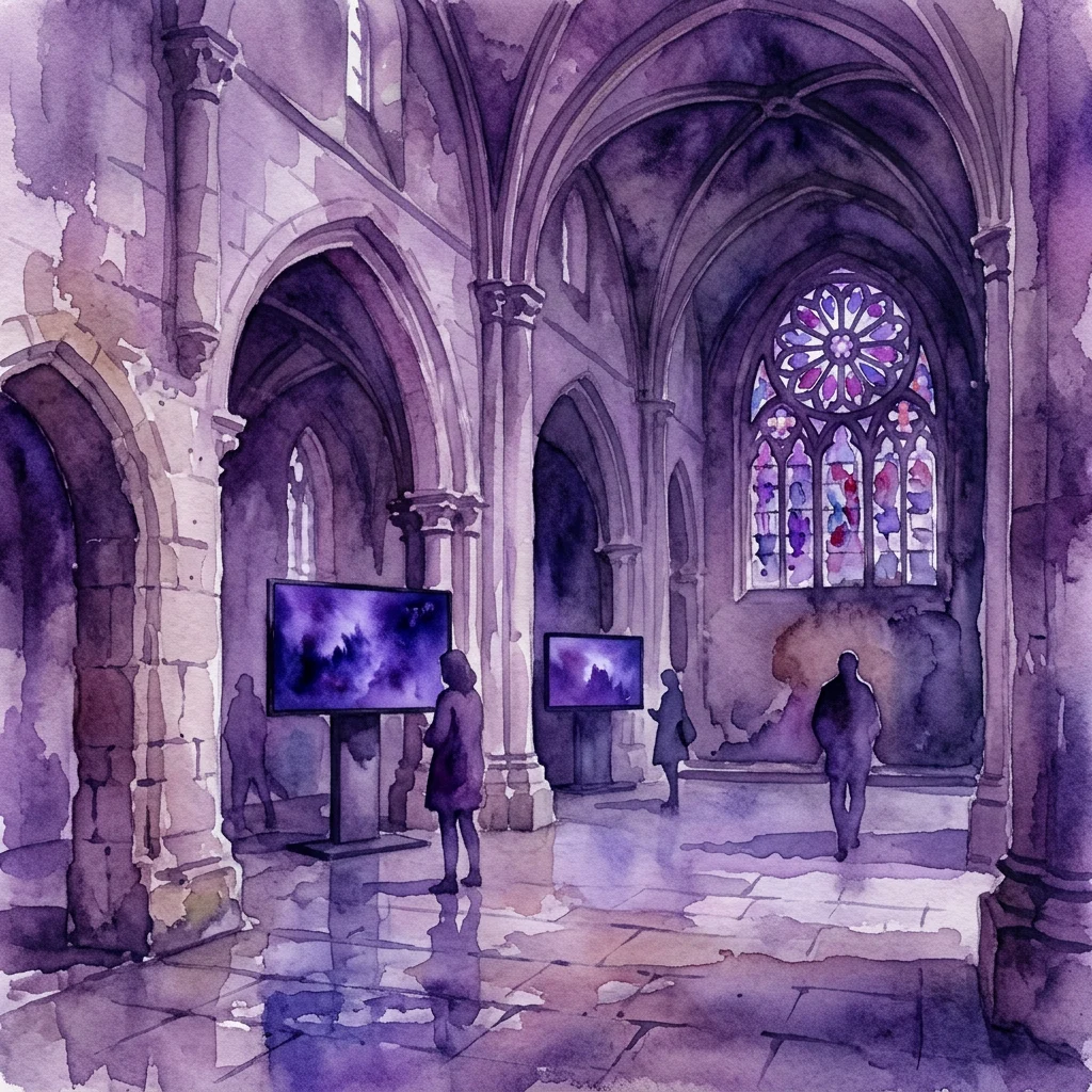 Waterverf-impressie van een hedendaagse kunsttentoonstelling in een historische kerk, met videoschermen die abstracte digitale kunst tonen te midden van stenen bogen en glas-in-lood, terwijl bezoekers de installaties bekijken.