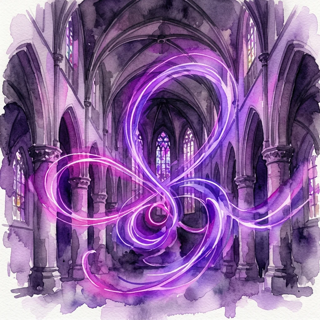 An abstract light installation by Titia Ex in the Oude Kerk, featuring swirling purple and pink LED patterns interacting with the church's Gothic architecture and stained glass.