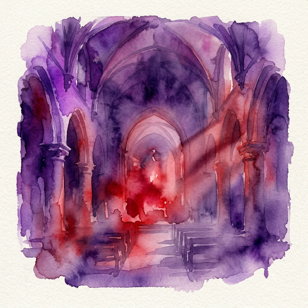 Ilustración en acuarela de la nave de una iglesia con tonos púrpuras y rojos, que representa una inmersiva instalación de luz roja de Giorgio Andreotta Calò en la Oude Kerk.