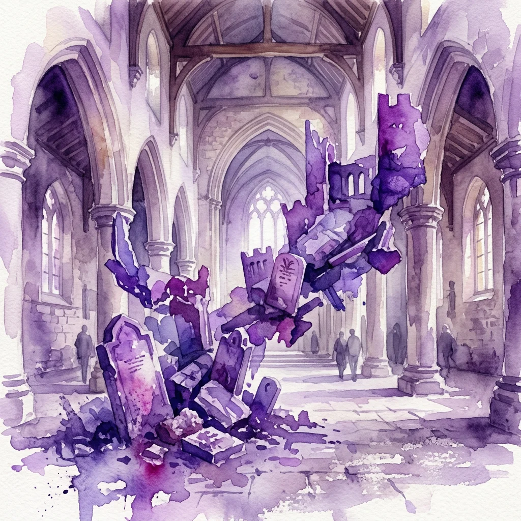 A watercolor rendering of Ibrahim Mahama's 'Garden of Scars' installation in the Oude Kerk, featuring fragmented gravestone sculptures in purple hues within the historic church interior.