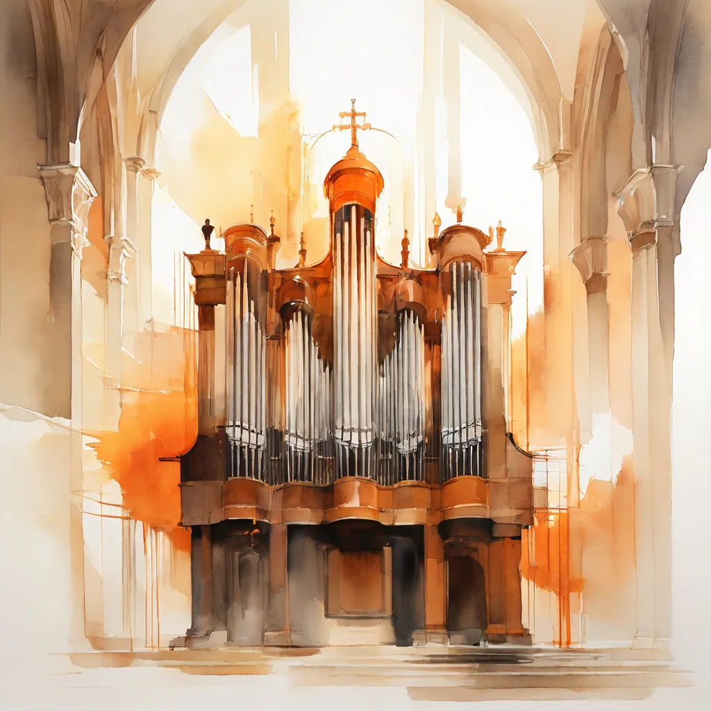 A historic church interior, the Oude Kerk in Amsterdam, with a grand organ in the foreground and subtle light filtering through stained-glass windows, hinting at a musical performance.