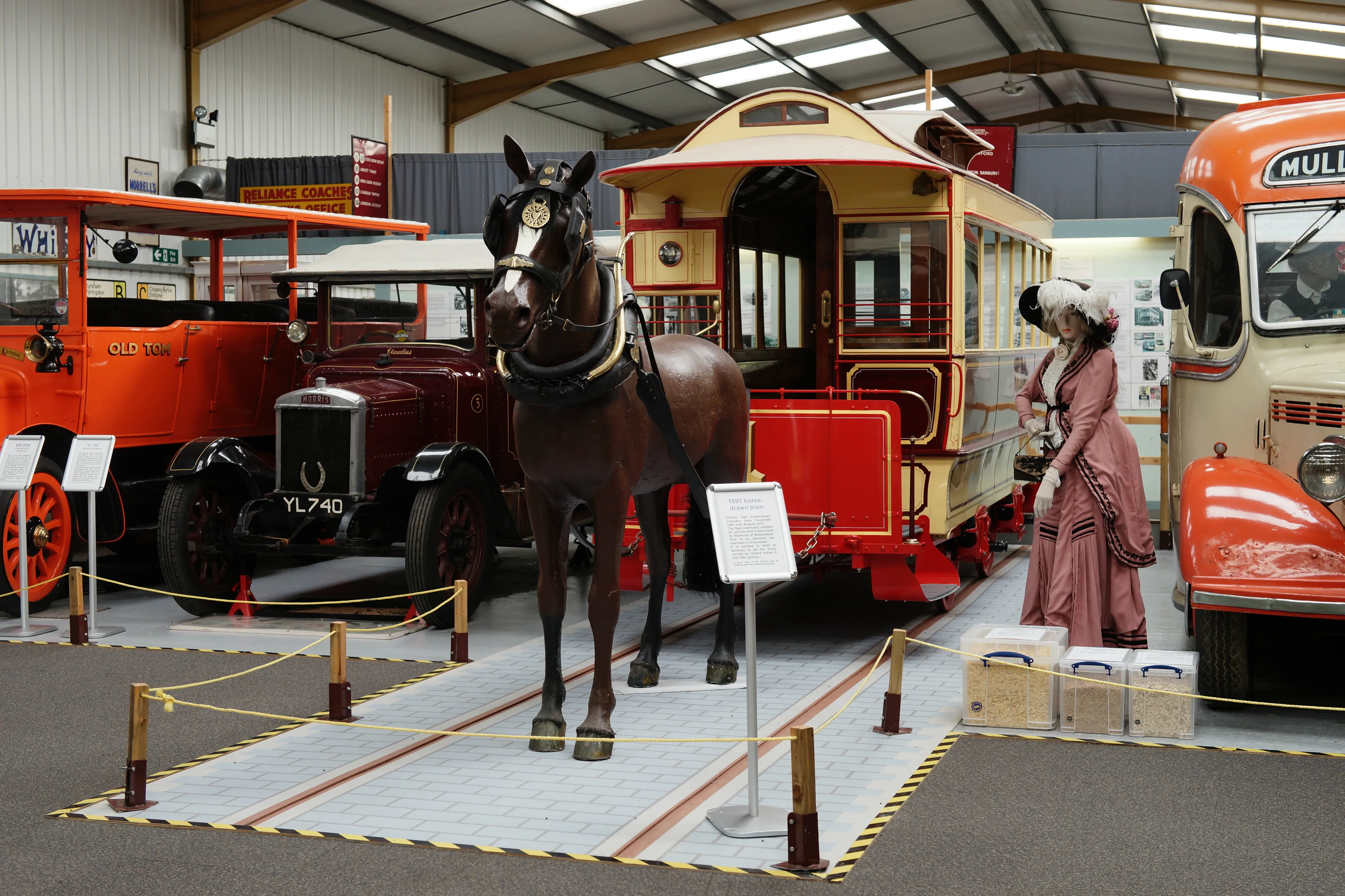 Interior de un museo que muestra un tranvía tirado por caballos con una estatua de un caballo real, autobuses antiguos de color rojo y crema, y un maniquí con vestimenta de la época victoriana, todo delimitado por cuerdas y con carteles informativos.