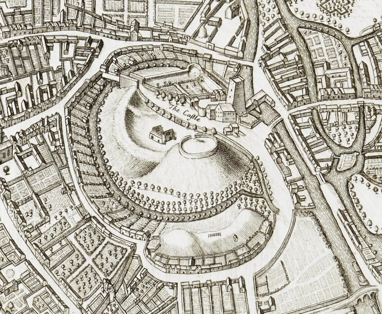 Detalle de un mapa histórico grabado de 1675 que muestra el Oxford Castle con su gran motte, los edificios del castillo, las murallas circundantes y las calles y estructuras adyacentes.