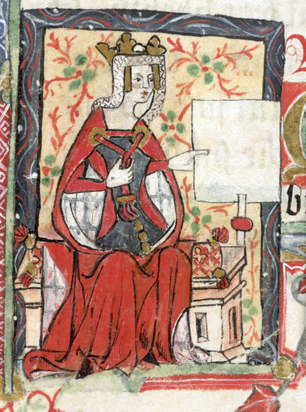Iluminación de manuscrito medieval de una mujer coronada con túnicas rojas y azules sentada en un trono, sosteniendo un cetro, con una maqueta de un edificio a su lado.