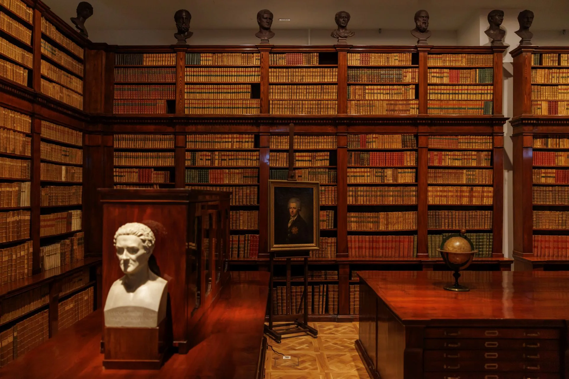 Interieur van een historische bibliotheek met houten boekenplanken, een marmeren borstbeeld en een ingelijst portret