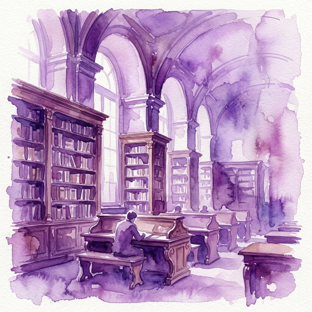 Una ilustración en acuarela de la Biblioteka Ordynacji Krasińskich, que muestra el interior de una gran biblioteca con techos abovedados, estanterías de madera y una persona leyendo en un escritorio bajo una suave iluminación púrpura.