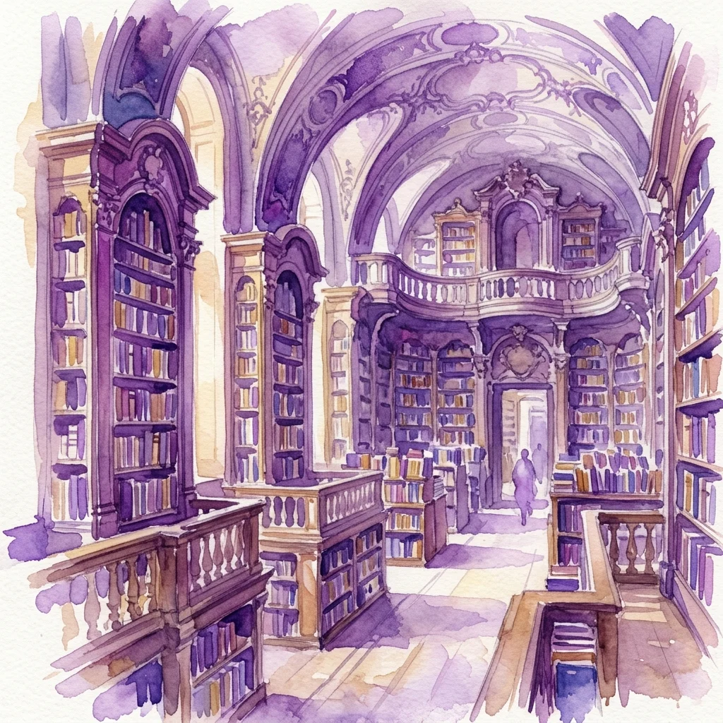 Ilustración en acuarela de la Biblioteka Ordynacji Zamojskiej, una biblioteca histórica con una ornamentada arquitectura barroca, llena de estanterías e iluminación púrpura suave.