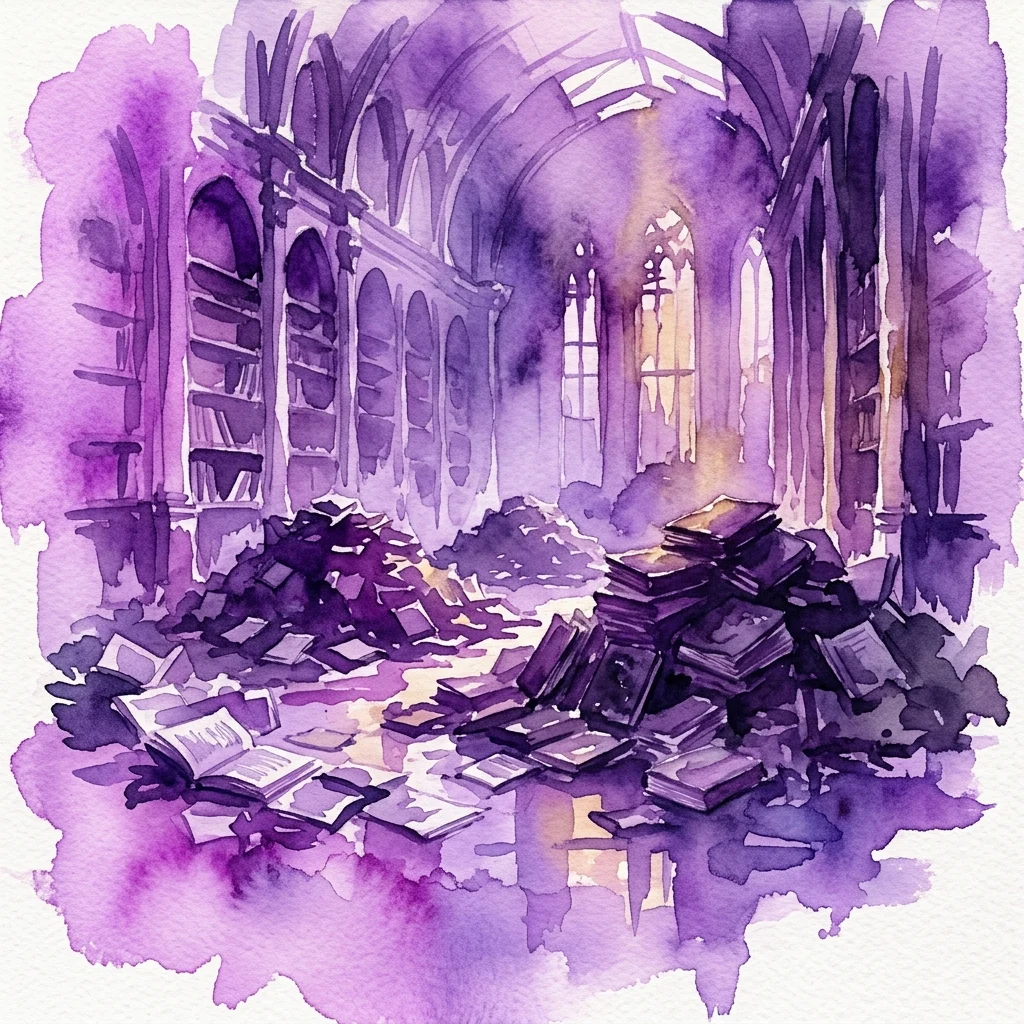 Una ilustración en acuarela de un salón de biblioteca dañado con pilas de libros y manuscritos quemados, simbolizando la destrucción de las bibliotecas polacas durante la Segunda Guerra Mundial.