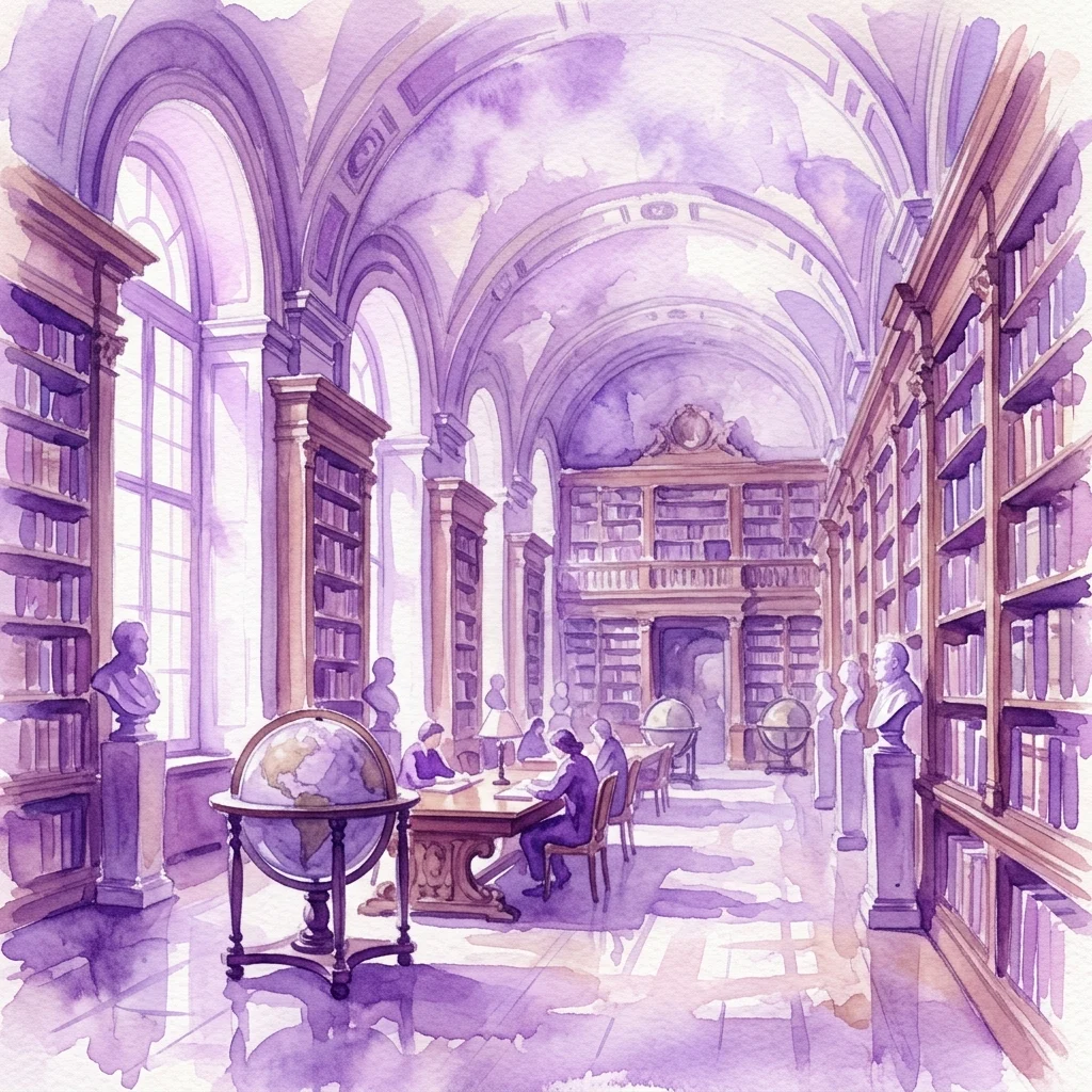 Una ilustración en acuarela de la Sala Wilanowska, un histórico salón de biblioteca con estanterías de madera, muebles ornamentados del siglo XIX, globos terráqueos y bustos de figuras históricas, evocando un legado erudito.