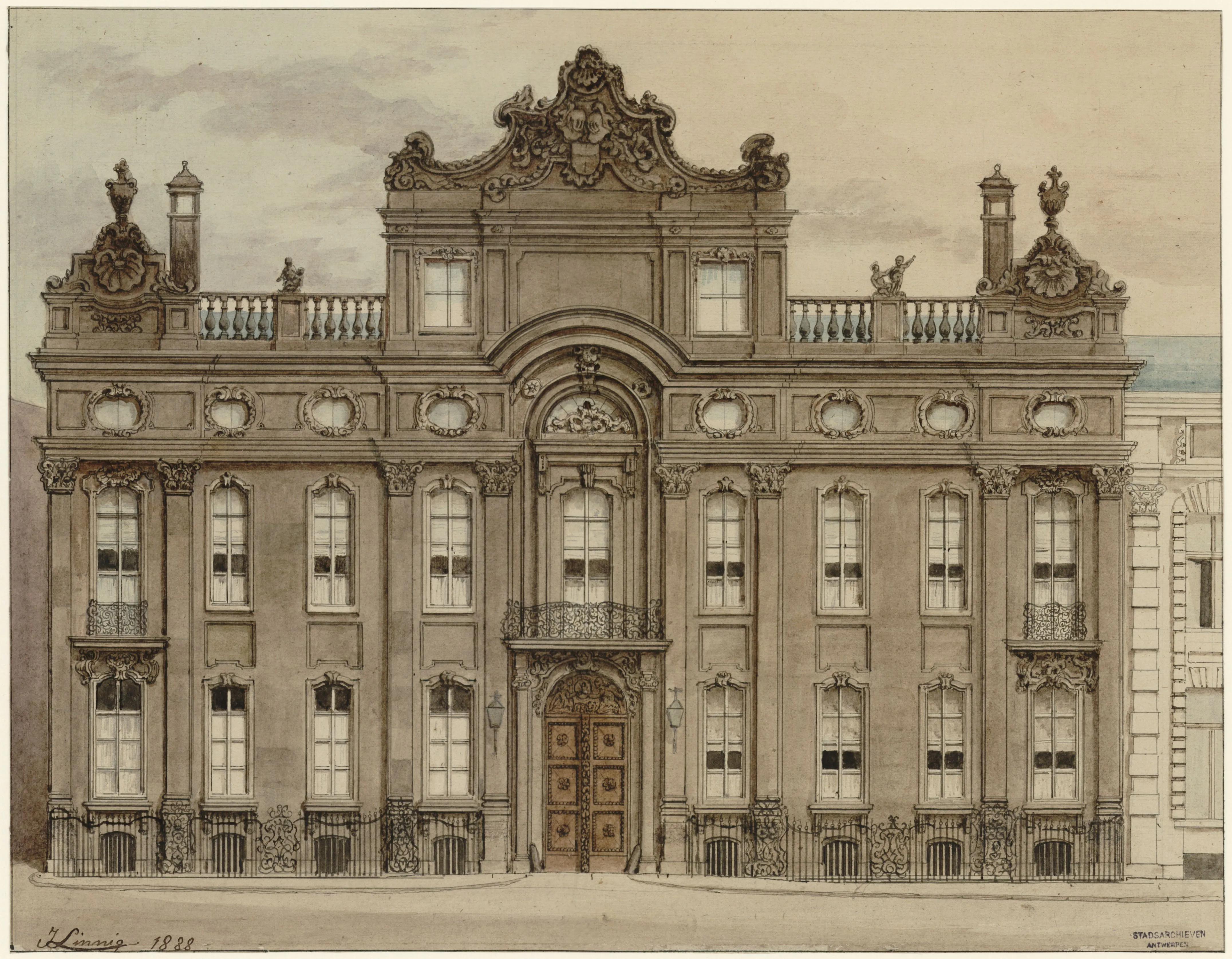 Dibujo arquitectónico en tonos sepia de 1888 que muestra la fachada completa y ornamentada del Paleis op de Meir con pequeñas figuras en la entrada.