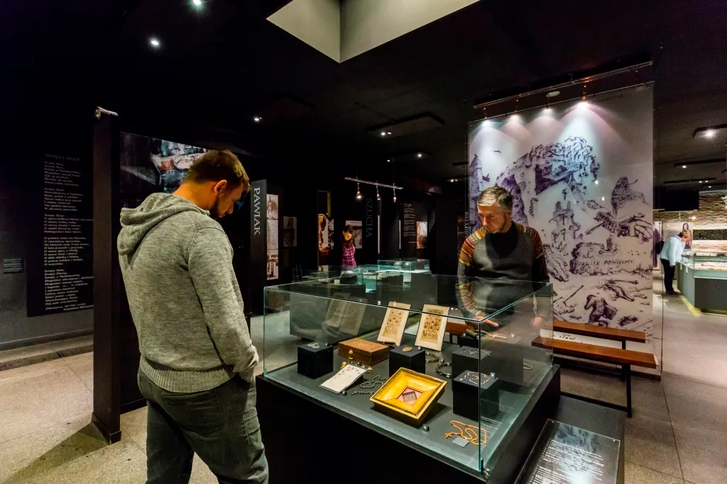 Dos visitantes viendo exposiciones en vitrinas de cristal dentro de una galería de museo