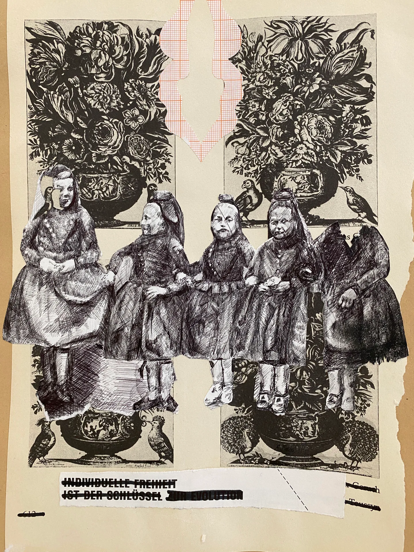 Obra de collage de técnica mixta que muestra cinco figuras con vestidos y cabezas de pájaro, elaborados arreglos florales en jarrones, pájaros dispersos y una tira de texto con palabras en alemán en la parte inferior.