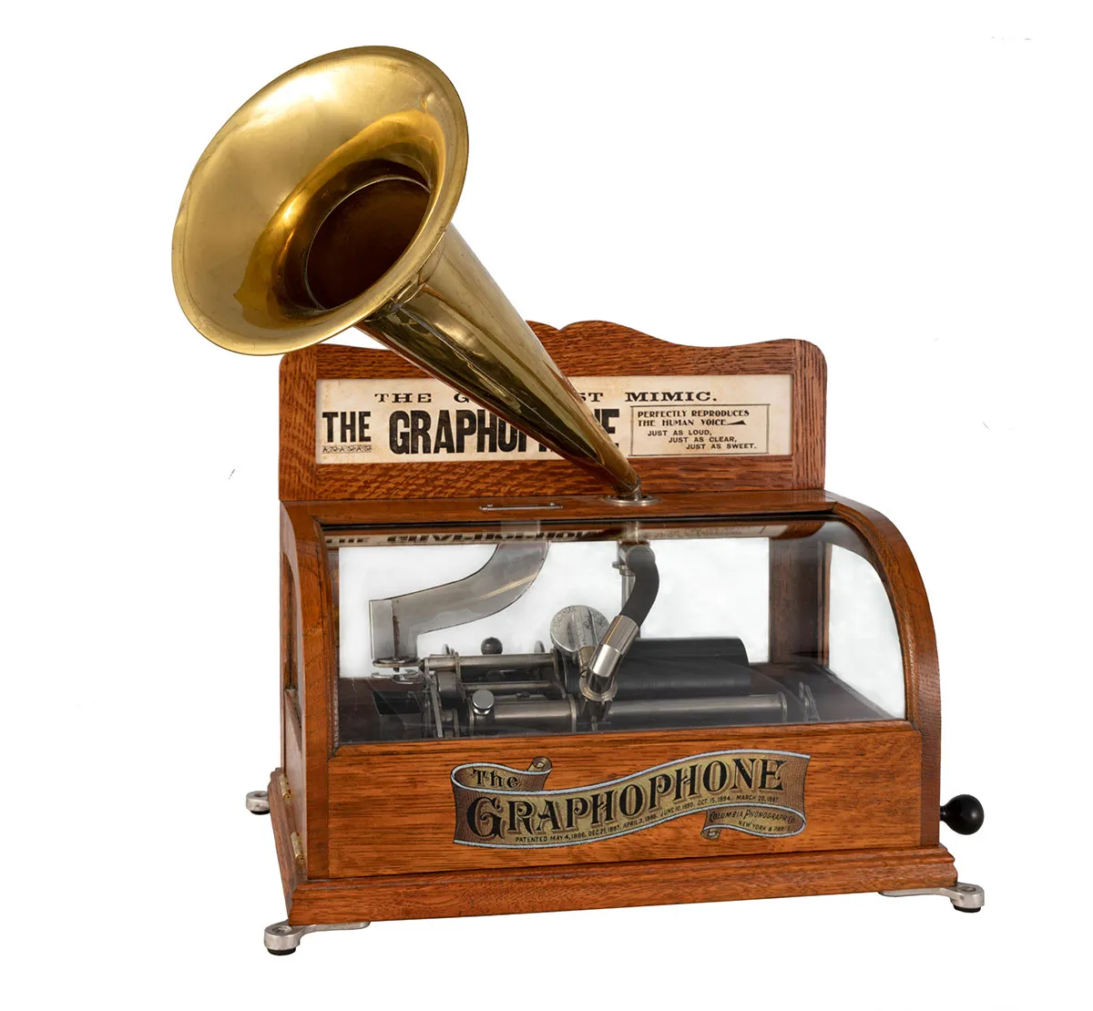 A vintage Graphophone with a brass horn and wooden casing