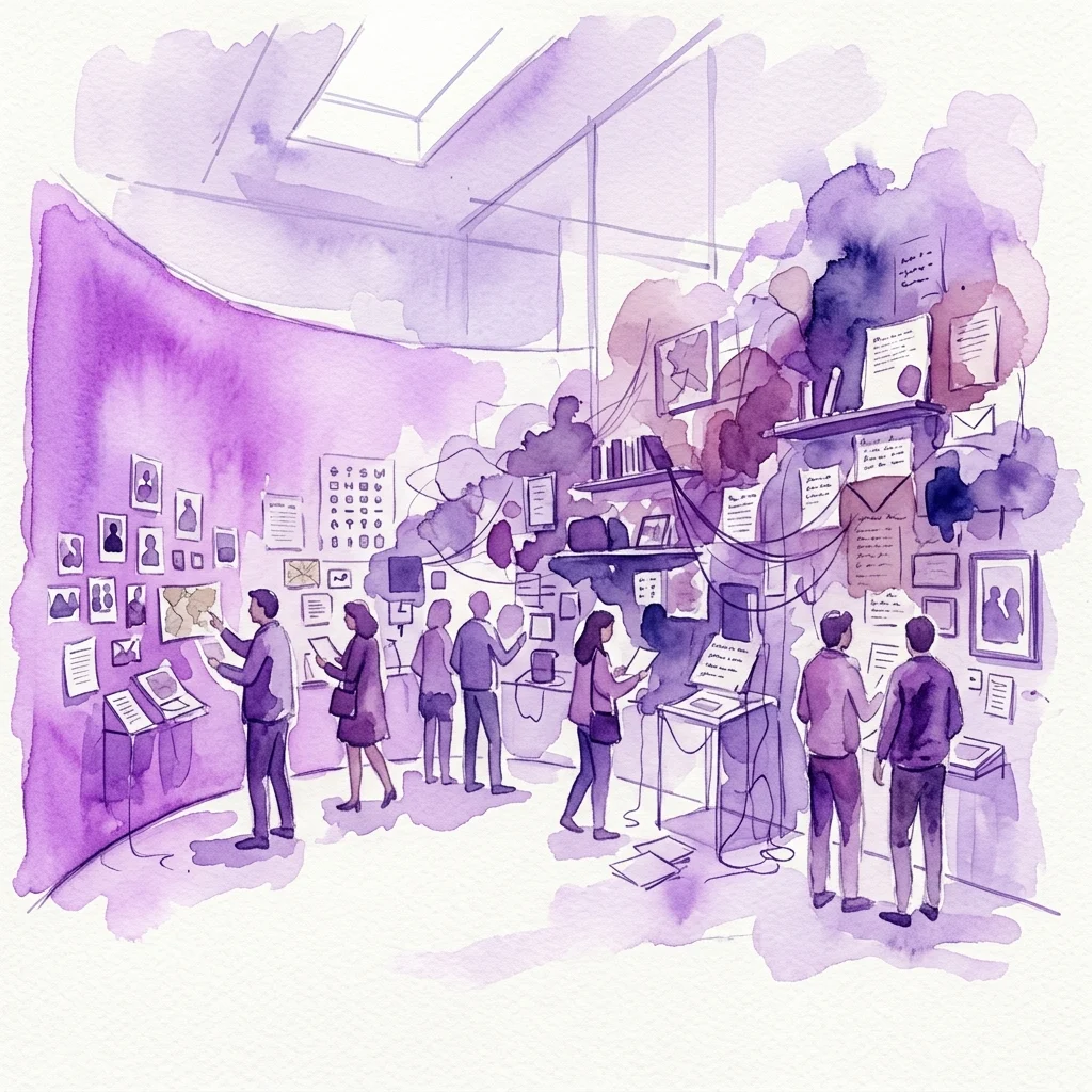 Watercolor illustration of visitors exploring the 'Familie Schick – Eine Spurensuche' exhibition, featuring personal artifacts, documents, and multimedia displays in a museum space.