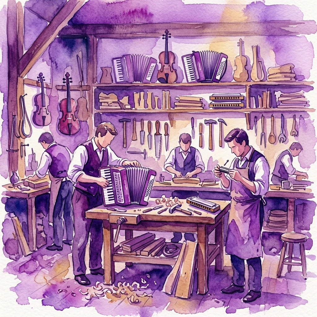 Watercolor illustration of a traditional Viennese workshop where artisans craft accordions, harmonicas, and violins, surrounded by tools and musical instruments.