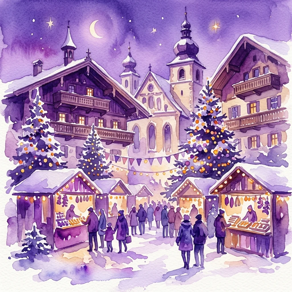 A watercolor illustration of the Floridsdorfer Künstleradvent 2024, showing a festive winter market with decorated stalls, snow-covered trees, and traditional Austrian buildings under a starry night sky.