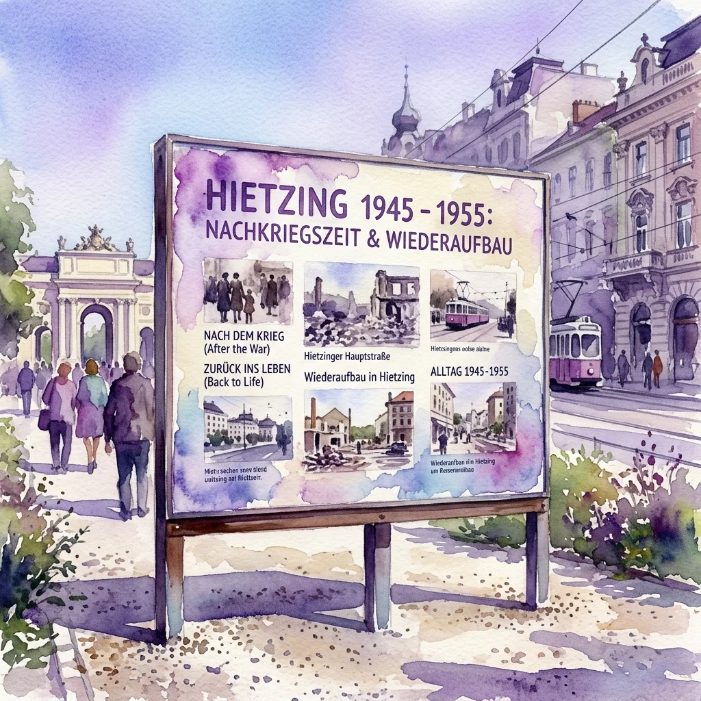 Watercolor illustration of an outdoor exhibition panel for Hietzing 1945-1955, displaying historical photos and text about post-war reconstruction in Vienna's Hietzing district.