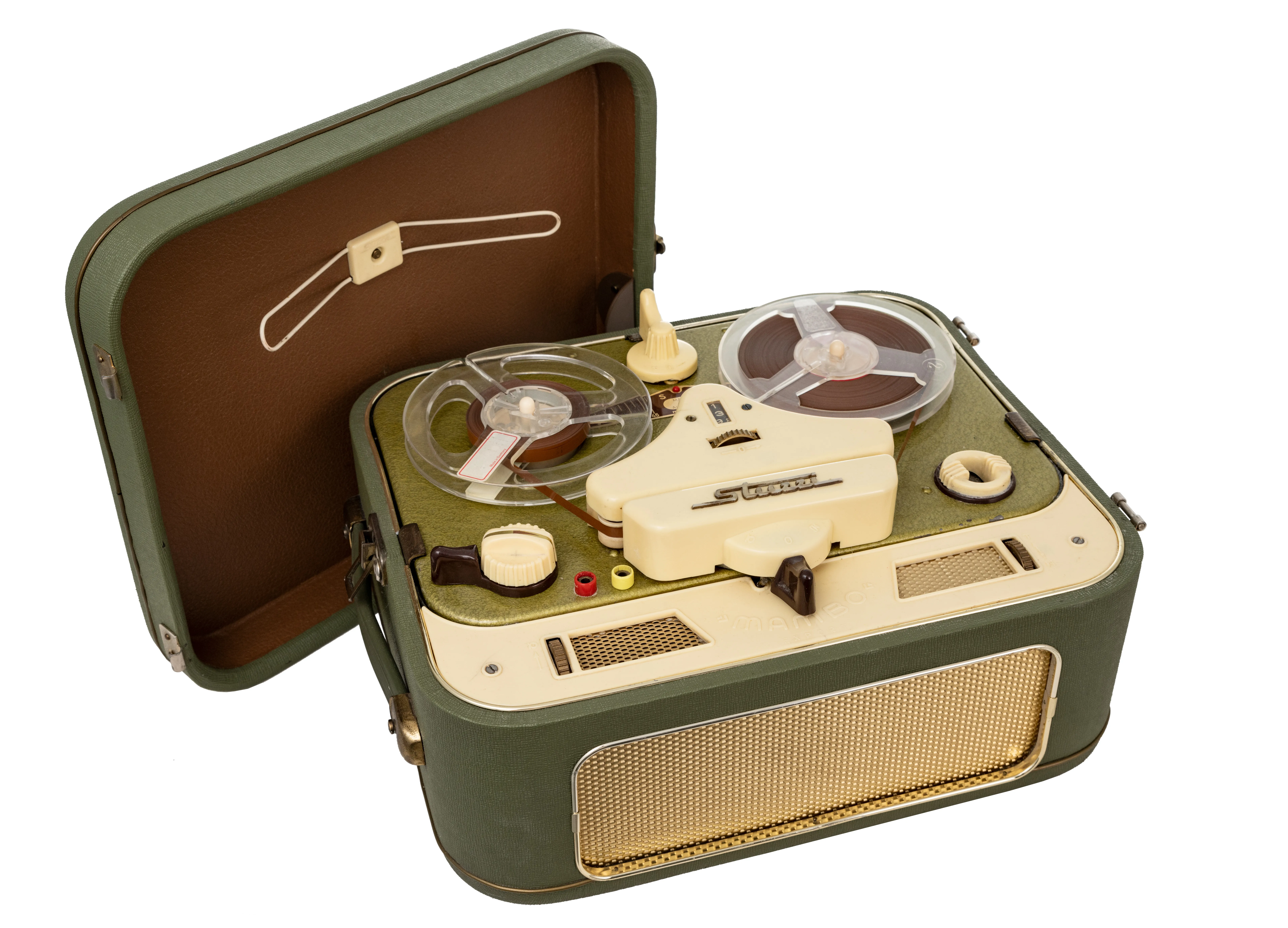 Vintage groen bandopnemer met open koffer en zichtbare spoelen