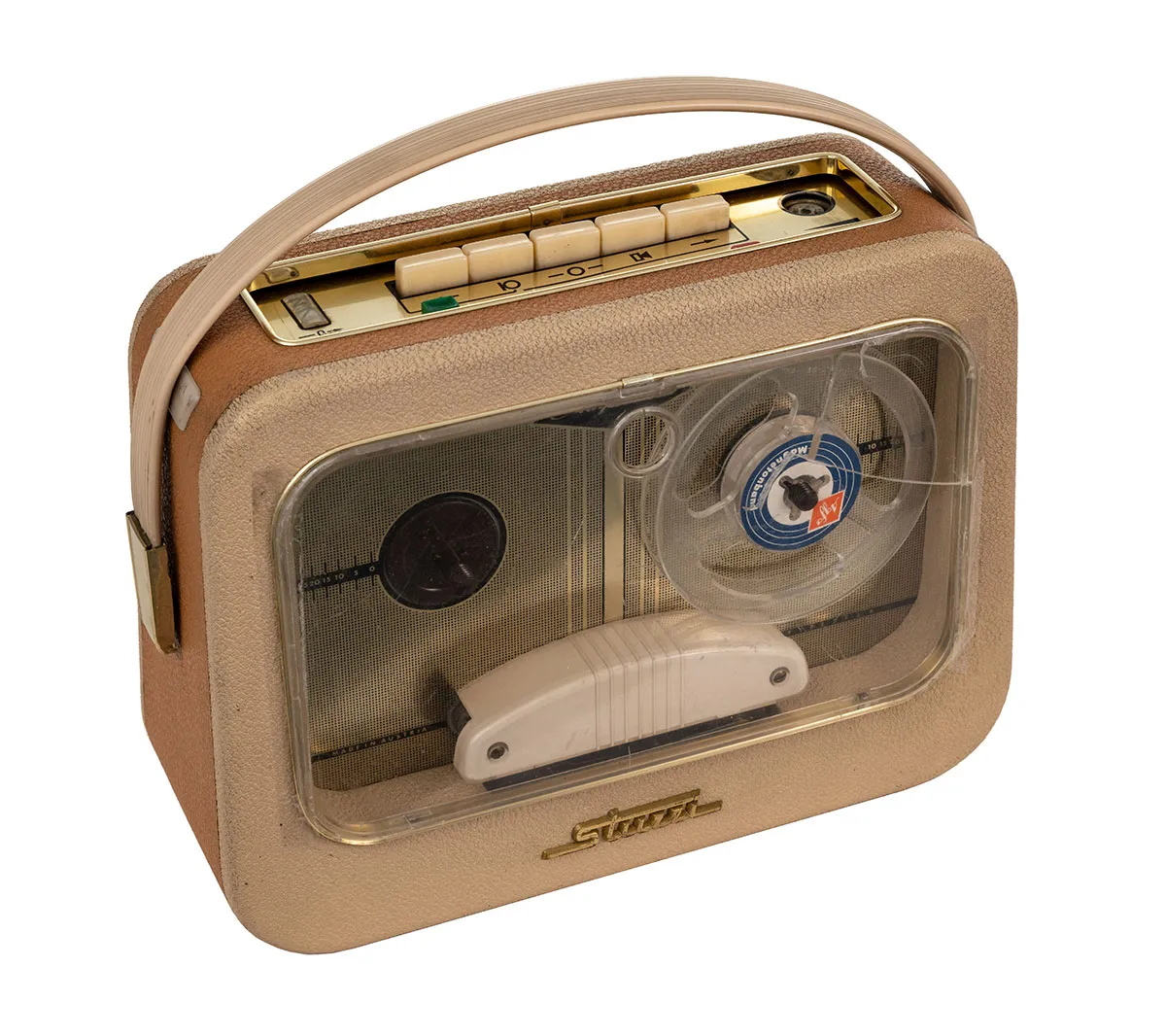 Beige portable tape recorder with a transparent window showing tape reels and a control panel