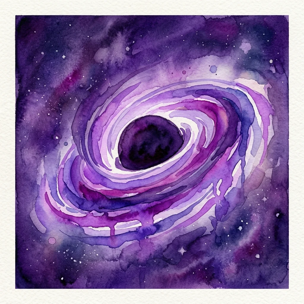 Una ilustración en acuarela de un agujero negro con un disco de acreción arremolinado en tonos púrpuras y blancos, sobre un fondo cósmico estrellado.