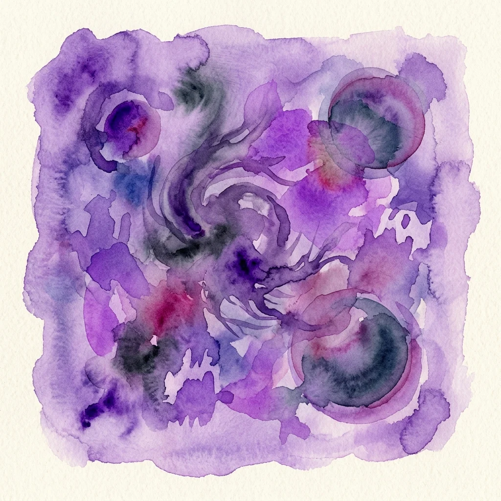 Abstract watercolor artwork in purples and blues, depicting swirling cosmic forms and dark energy, evoking a mysterious and eerie atmosphere for the 'Cosmic Horrors' exhibition.