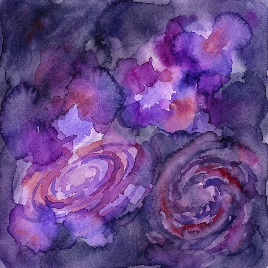 Een aquarelkunstwerk dat wervelende nevels en sterrenstelsels in paarse, blauwe en rode tinten afbeeldt, die de levenscyclus van sterren in de diepe ruimte voorstellen.
