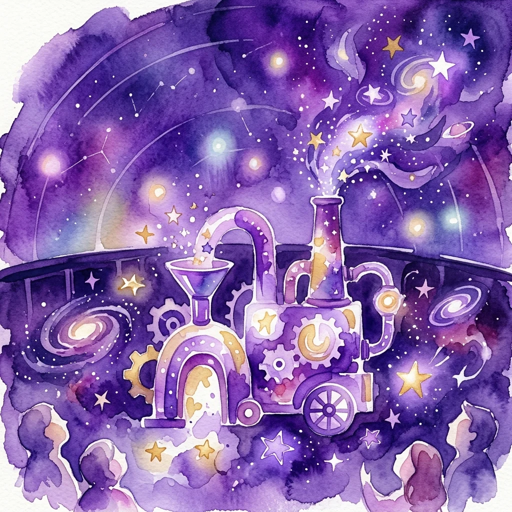 Een grillige aquarelillustratie van een sterrenmakende machine in een planetarium, met gloeiende sterren, sterrenstelsels en tandwielen, die verwondering oproept over het universum en de vorming van sterren.