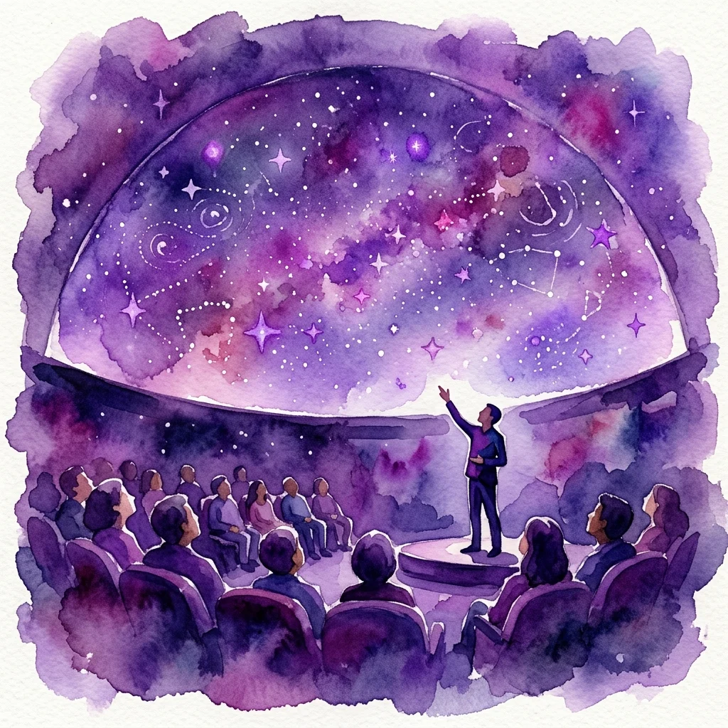 Una ilustración en acuarela de un espectáculo de planetario con un presentador guiando a los visitantes a través de un cielo nocturno estrellado proyectado en una cúpula, con constelaciones y galaxias.