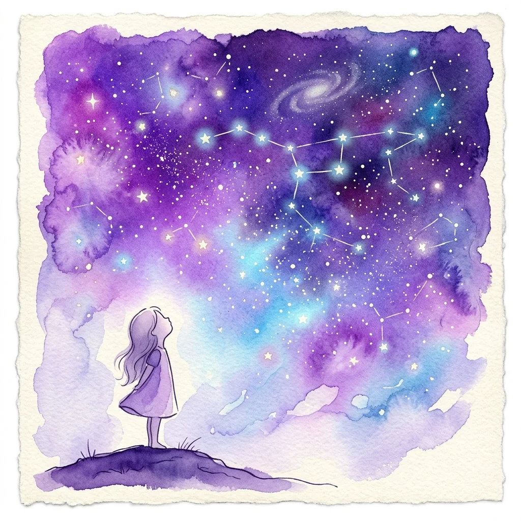 Een jong meisje genaamd Elsa kijkt omhoog naar een levendige sterrennacht vol sterrenbeelden, waaronder de Grote Beer, in een aquarelillustratie voor de kindershow 'Elsa und der große Bär'.