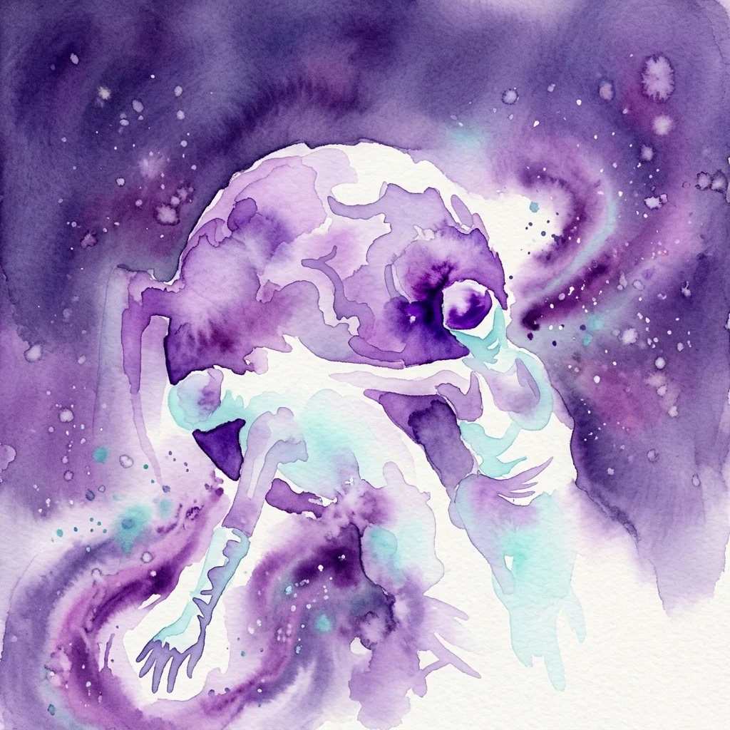 Una acuarela que representa formas de vida alienígenas abstractas en un entorno cósmico con tonos púrpuras y turquesas, representando la exposición EXO:Aliens en el Planetarium Wien.