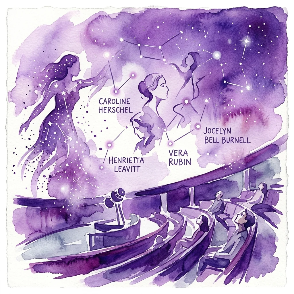 Una ilustración en acuarela del interior de un planetario con espectadores observando una exhibición celestial que presenta a las astrónomas Caroline Herschel, Henrietta Leavitt, Vera Rubin, Jocelyn Bell Burnell y una figura de constelación, todo ello sobre un cielo estrellado púrpura.
