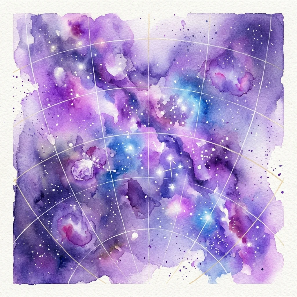 Ilustración en acuarela de un mapa celeste del cielo del hemisferio sur, con nebulosas, cúmulos estelares y constelaciones en tonos púrpuras y azules con líneas de cuadrícula.