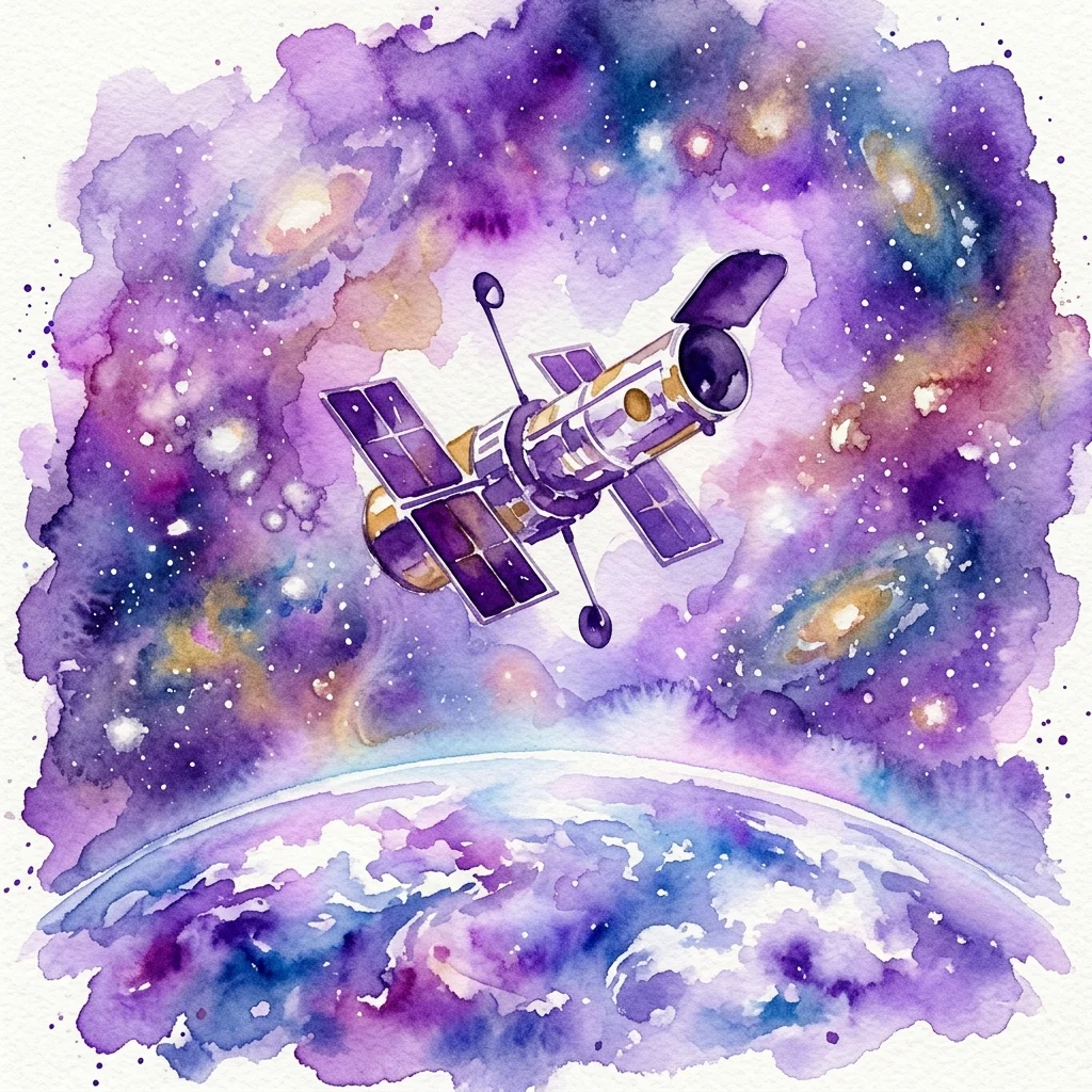 Ilustración en acuarela del Telescopio Espacial Hubble en órbita, rodeado de galaxias y nebulosas con la Tierra visible debajo, evocando una sensación de asombro cósmico.