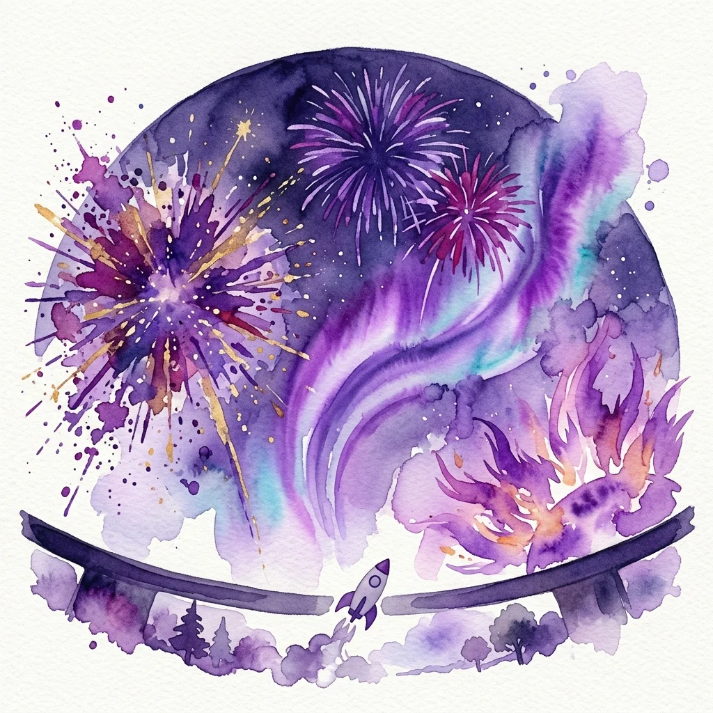 Una ilustración en acuarela de fuegos artificiales cósmicos con explosiones púrpuras y doradas, un cohete despegando y una cúpula de planetario, que representa el evento de Nochevieja 'Cosmic Fireworks' en el Planetarium Wien.