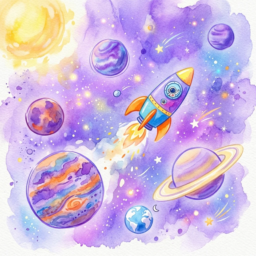 Una colorida ilustración en acuarela de un cohete volando por el espacio entre planetas, estrellas y el sol, inspirada en un programa educativo infantil sobre el sistema solar.