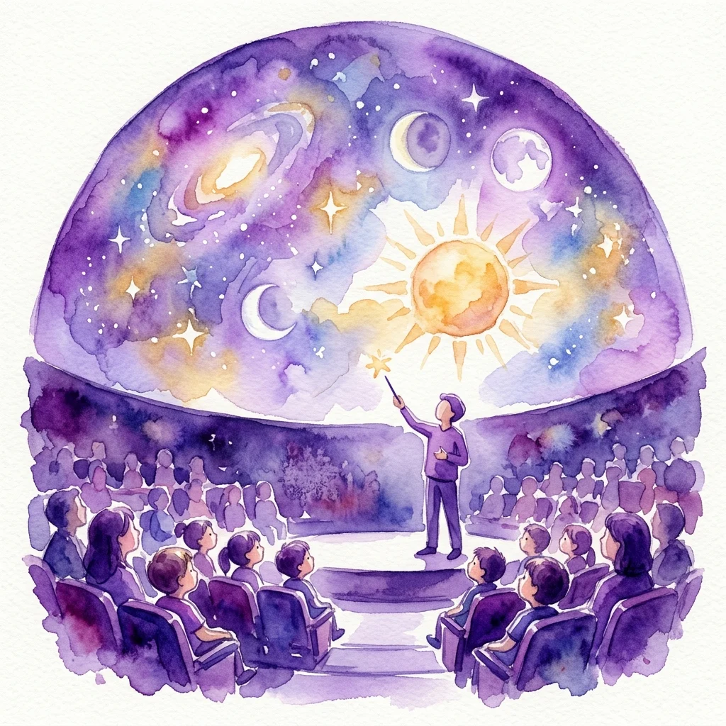 A watercolor illustration of a planetarium show featuring a presenter explaining the sun, moon, and stars to an audience of children under a dome with celestial projections.