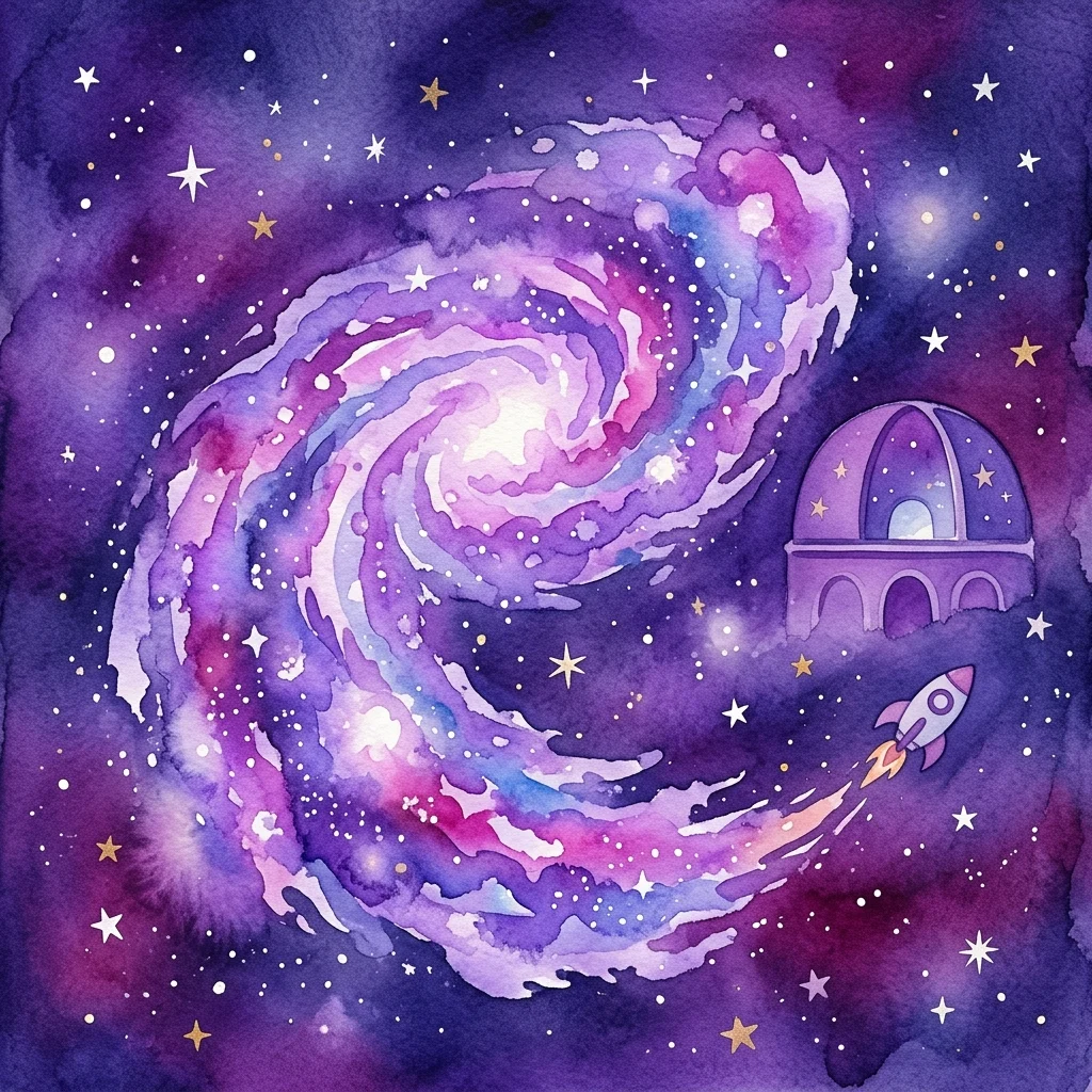 Una ilustración en acuarela de la Vía Láctea con nebulosas arremolinadas de color púrpura y rosa, estrellas, una cúpula de planetario y un cohete, promocionando la exposición 'Mission Weltall 3: Die Milchstraße'.