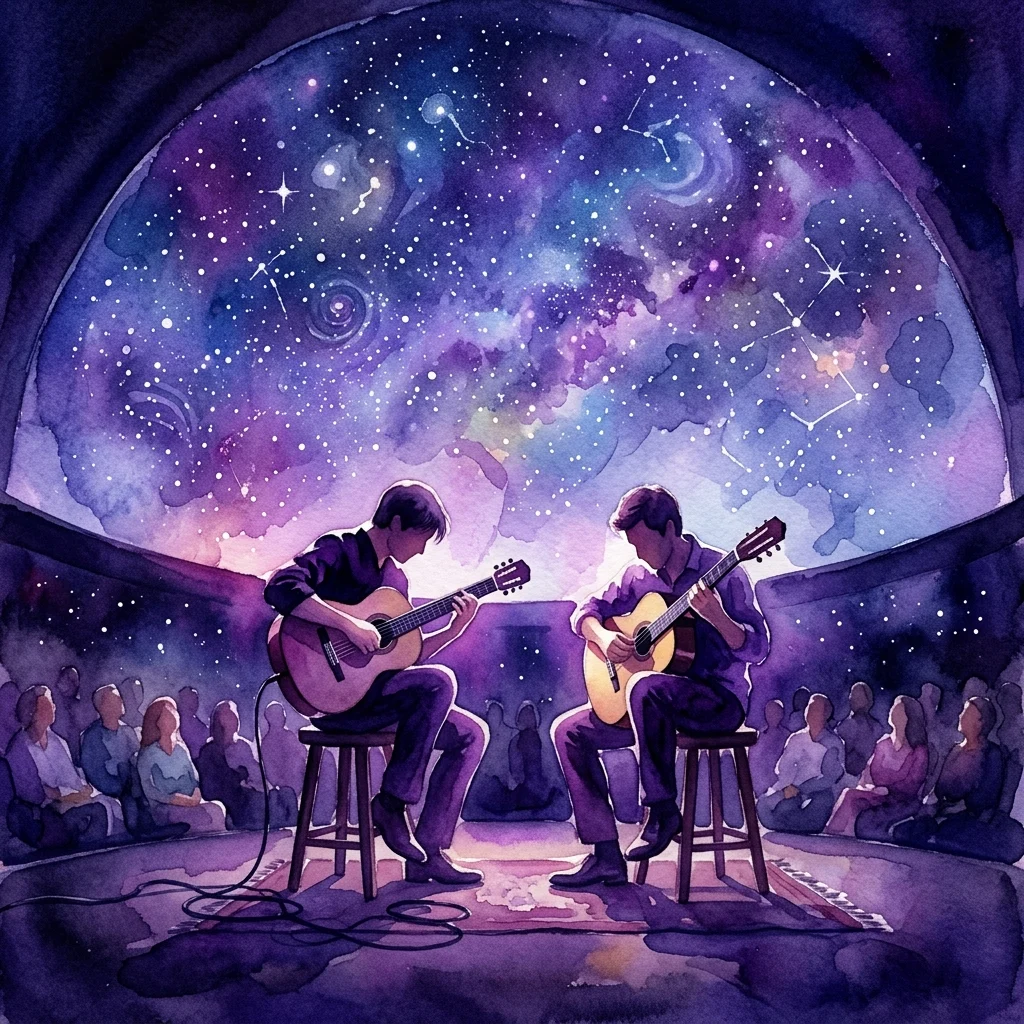 Un dúo de guitarra clásica fingerstyle actuando bajo una proyección de cielo estrellado en la cúpula de un planetario, con el público observando la inmersiva experiencia de astronomía y música.