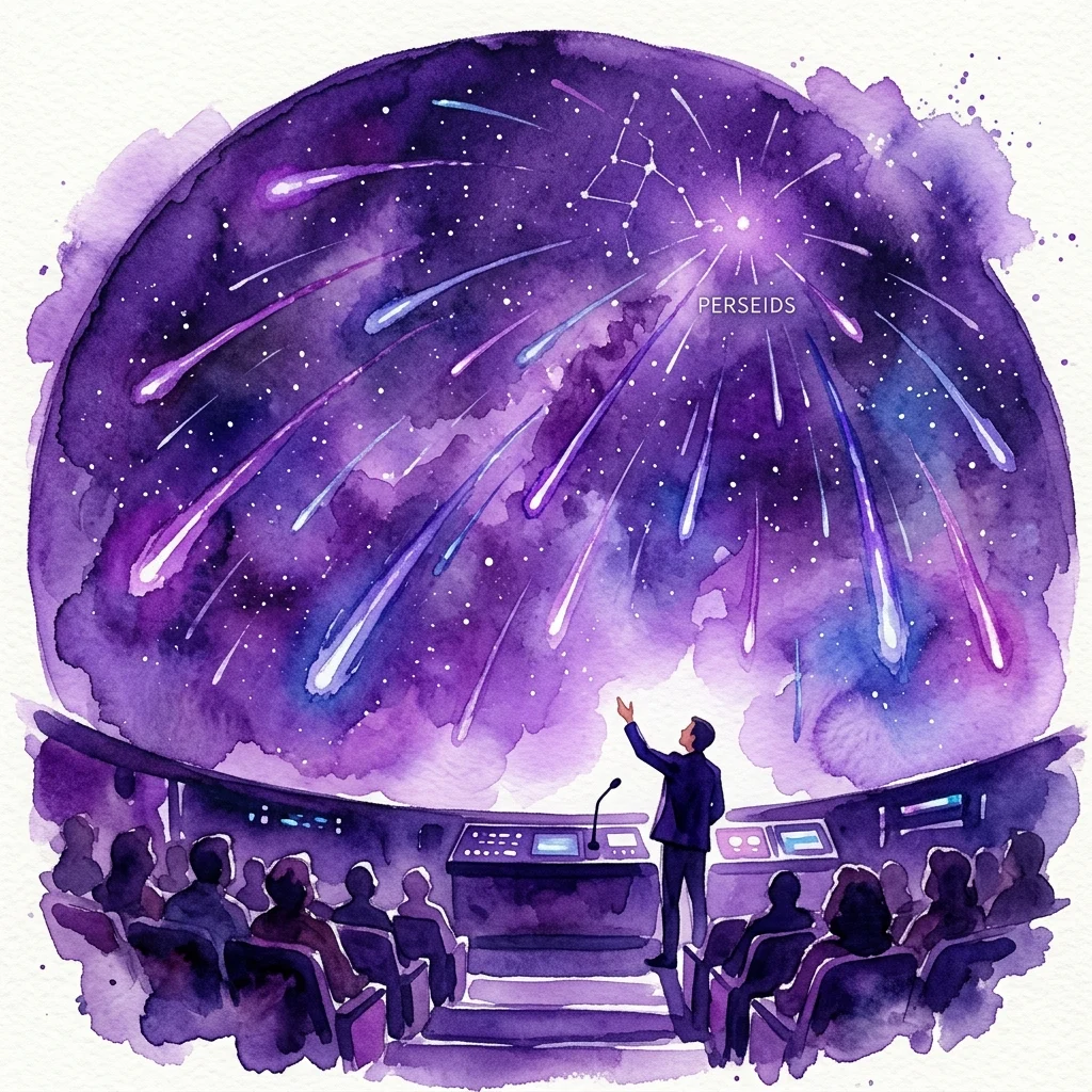 Una ilustración en acuarela de un espectáculo de planetario que presenta la lluvia de meteoros Perseidas, con un presentador guiando a una audiencia bajo una cúpula llena de estrellas fugaces y una constelación de Perseidas etiquetada.