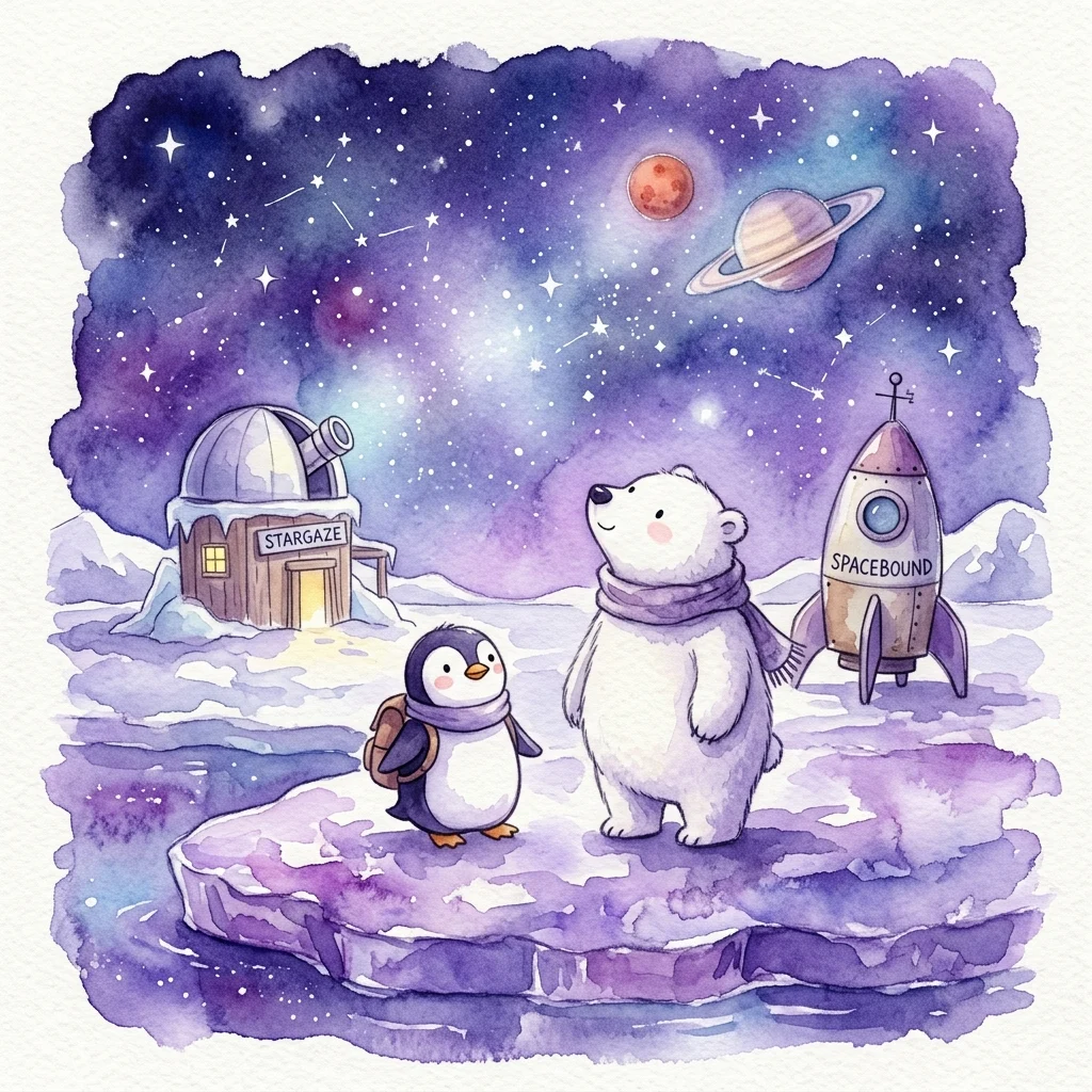 Una caprichosa ilustración en acuarela de un pingüino y un oso polar sobre una plataforma helada, contemplando un cielo estrellado con planetas y un cohete etiquetado como 'SPACEBOUND' al fondo.