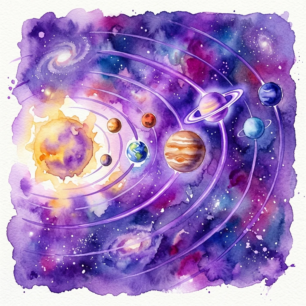 Ilustración en acuarela del sistema solar con planetas orbitando el sol, sobre un fondo de nebulosa púrpura y azul con galaxias distantes, evocando la maravilla cósmica.