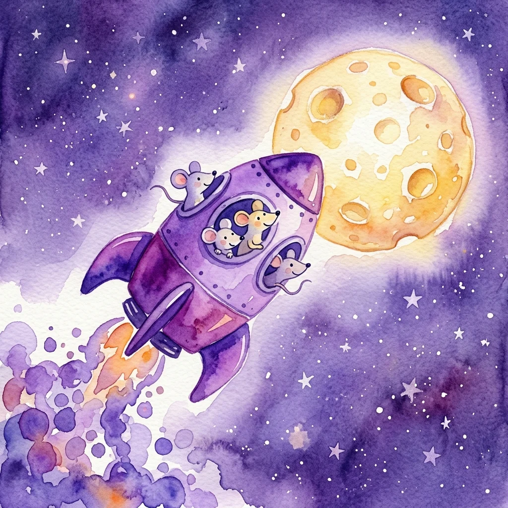 Een grillige aquarelillustratie van een muizenfamilie in een paarse raket die naar een kaasachtige maan vliegt in een sterrenhemel.